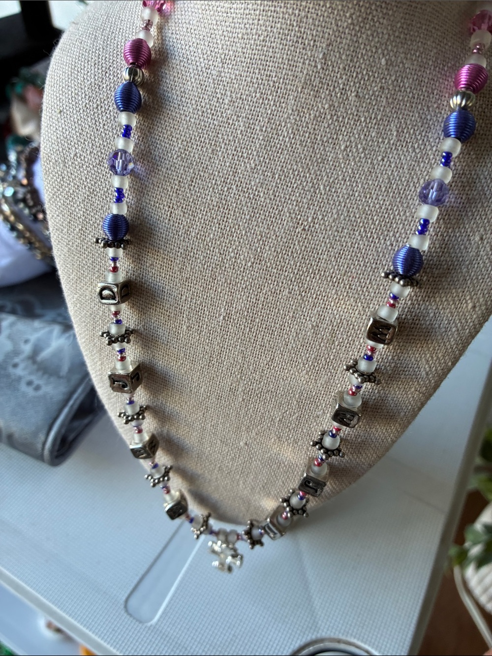 Handmade Pink & Purple Beaded Necklace with Silver Accents